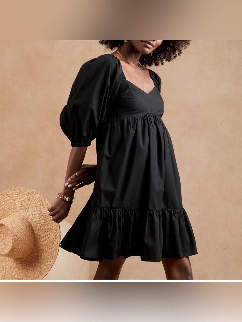 Banana Republic Poplin Puff Sleeve Empire Waist Black Babydoll Mini Dress - Picture 2 of 13